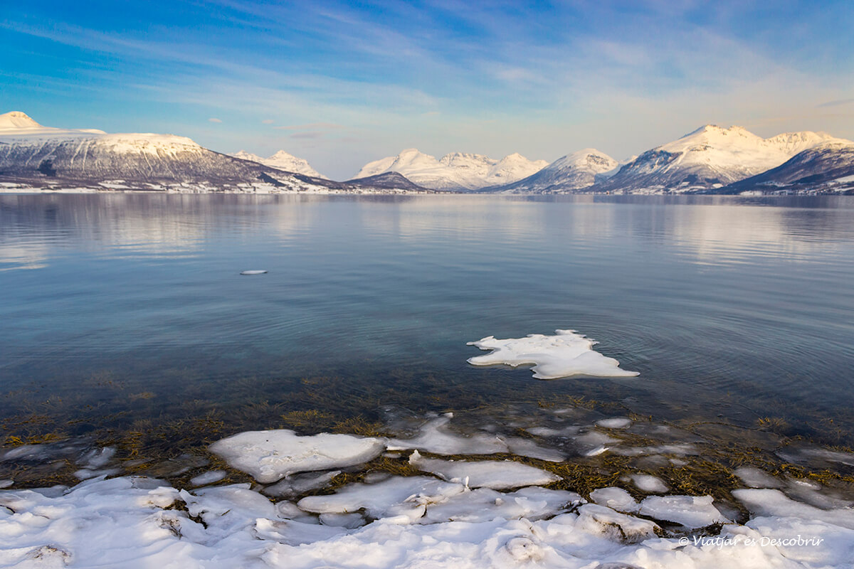 hielo en el fiordo en las afueras de tromso