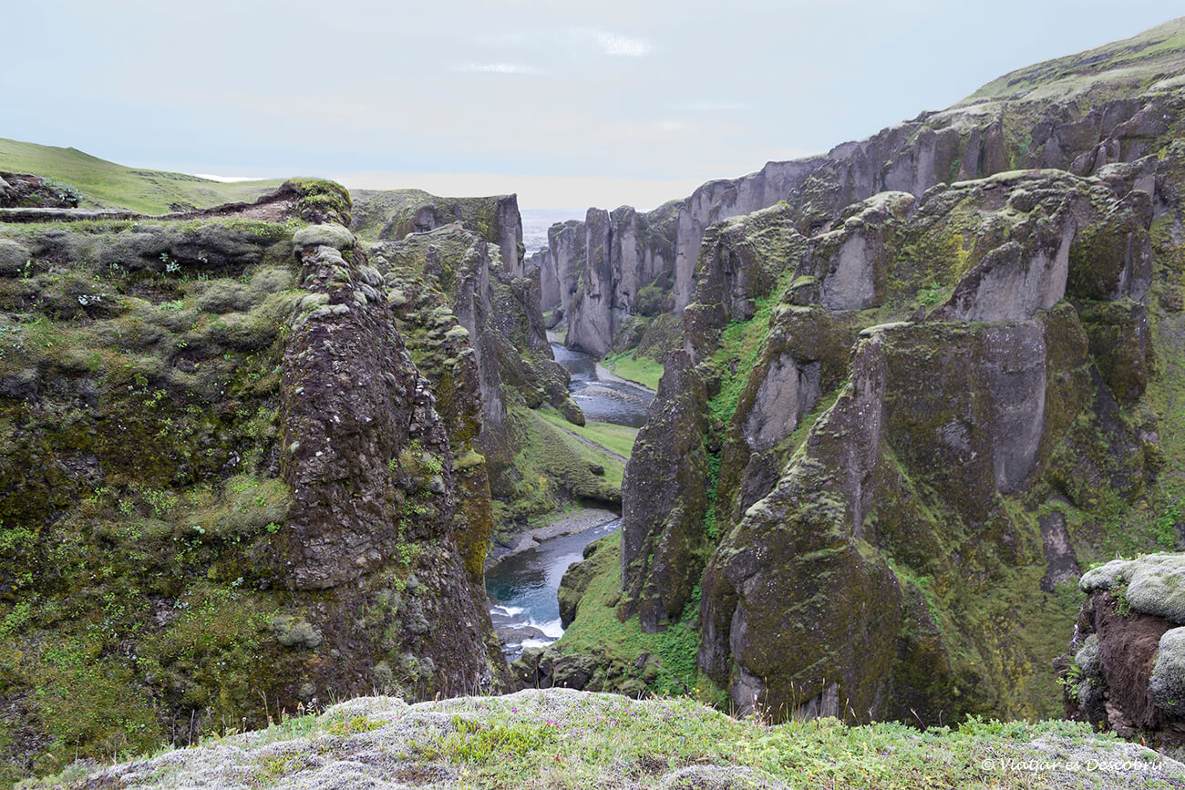 perspectiva de los acantilados del cañón Fjaðrárgljúfurr vistos desde lo alto de este cañón islandés
