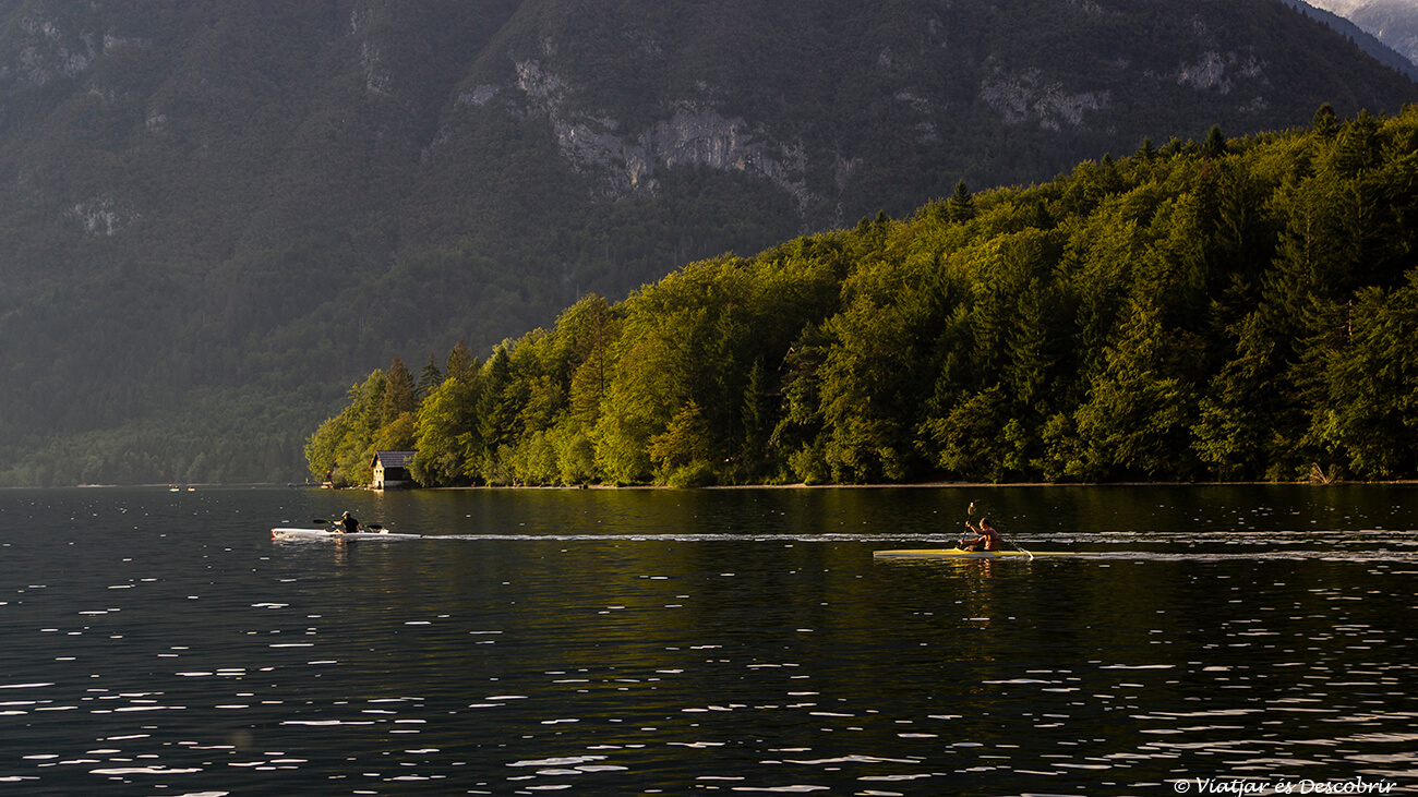 dos personas haciendo kayak por el lago bohinj en verano en Eslovenia
