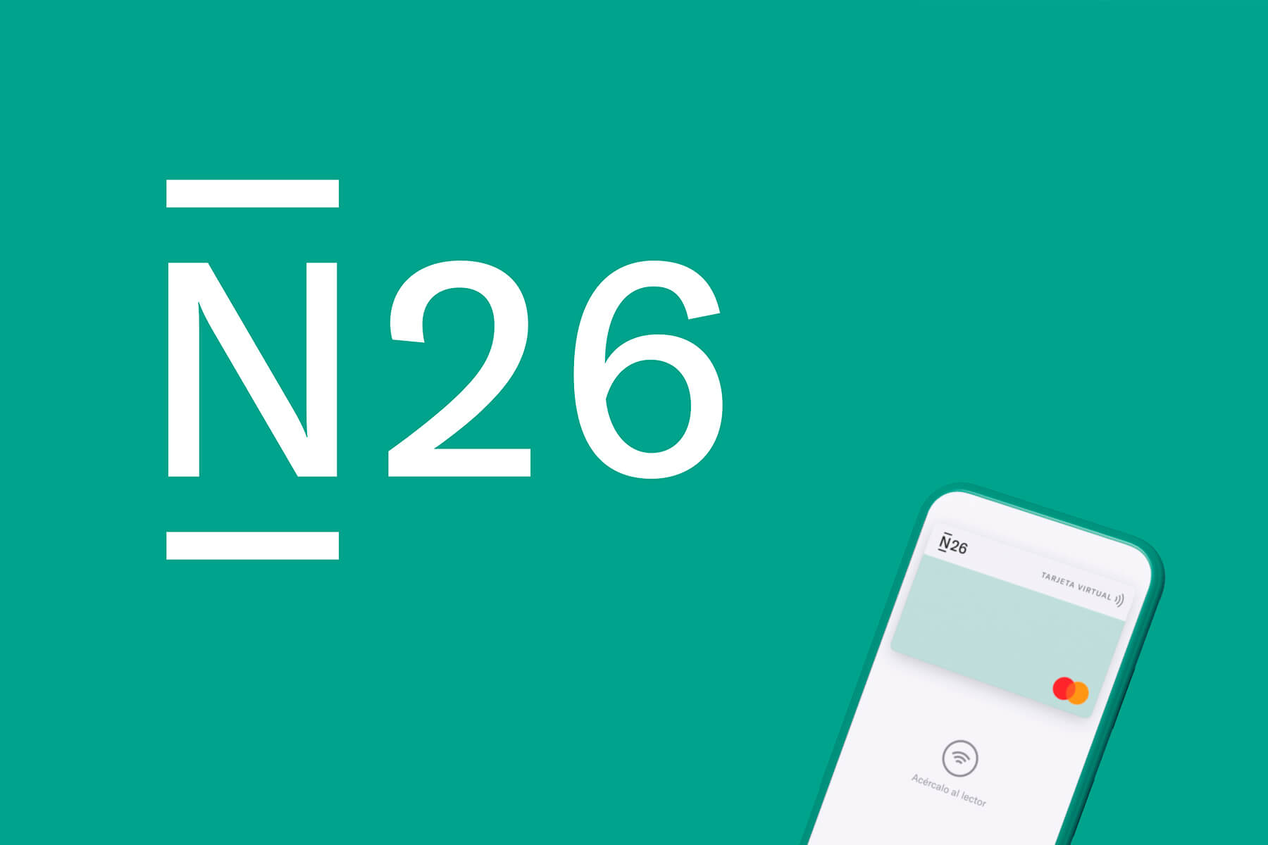 logo de la tarjeta n26 y su color característico y un ejemplo de la tarjeta virtual que puede obtenerse fácilmente y así tener la N26 para viajar gratuitamente