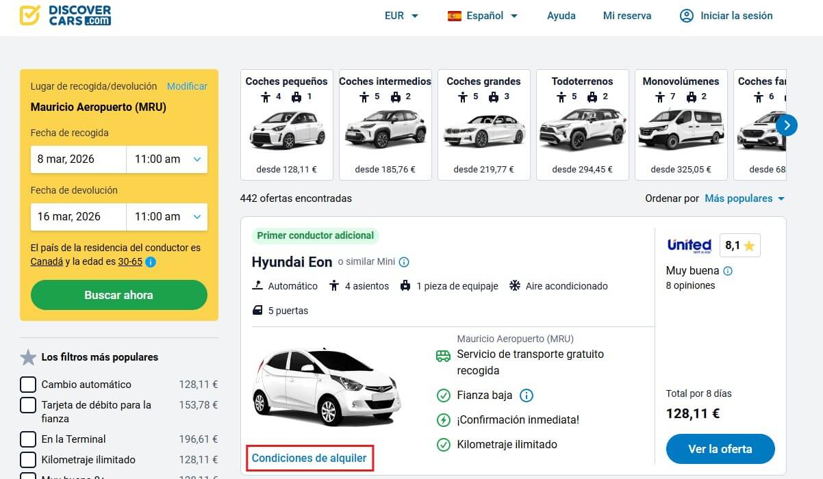 ejemplo de comparador para alquilar un coche en mauricio y poder ver las condiciones de cada compañía