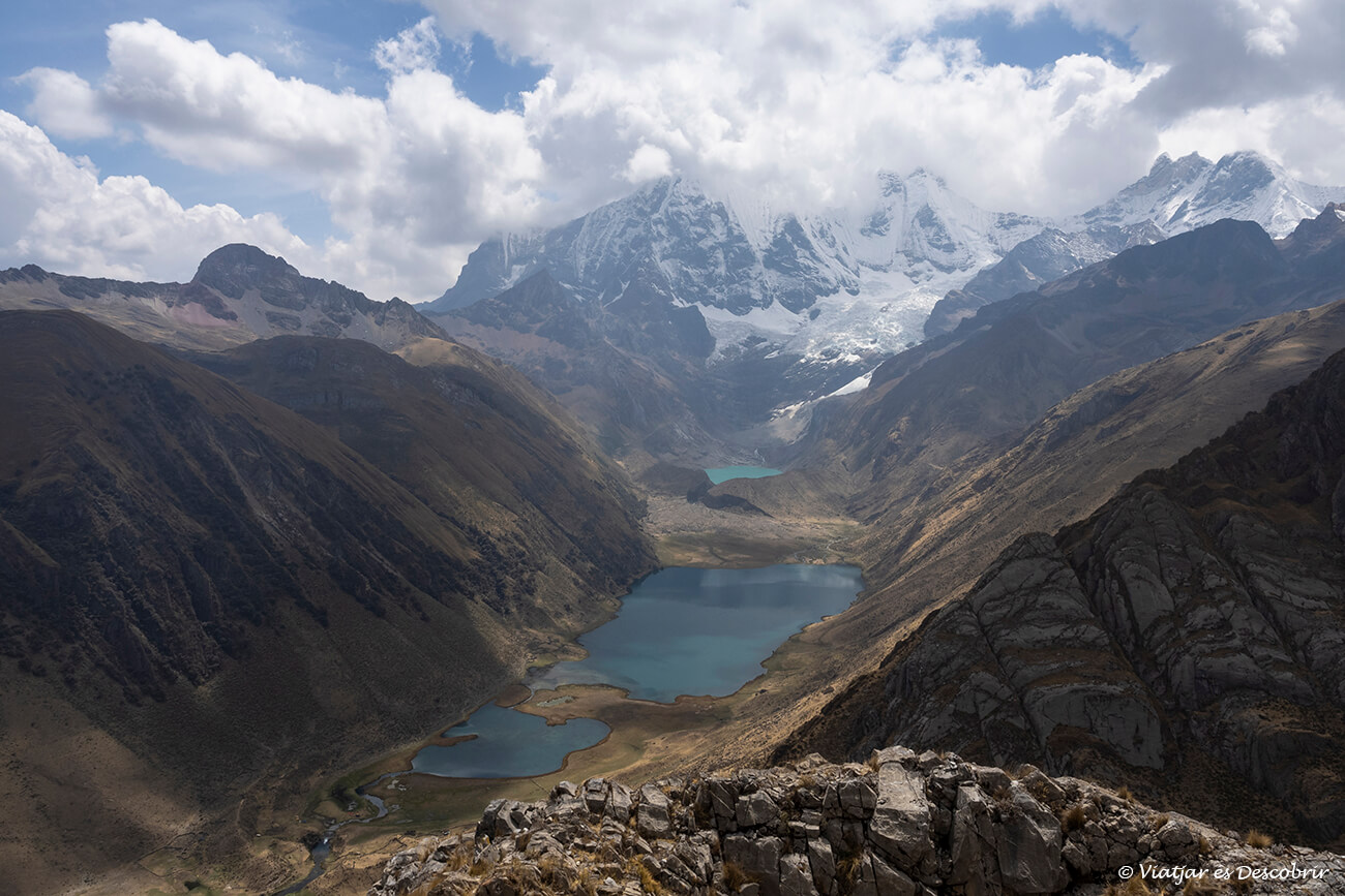 paisaje de montaña al pino con una laguna y montañas nevadas en los andes peruanos