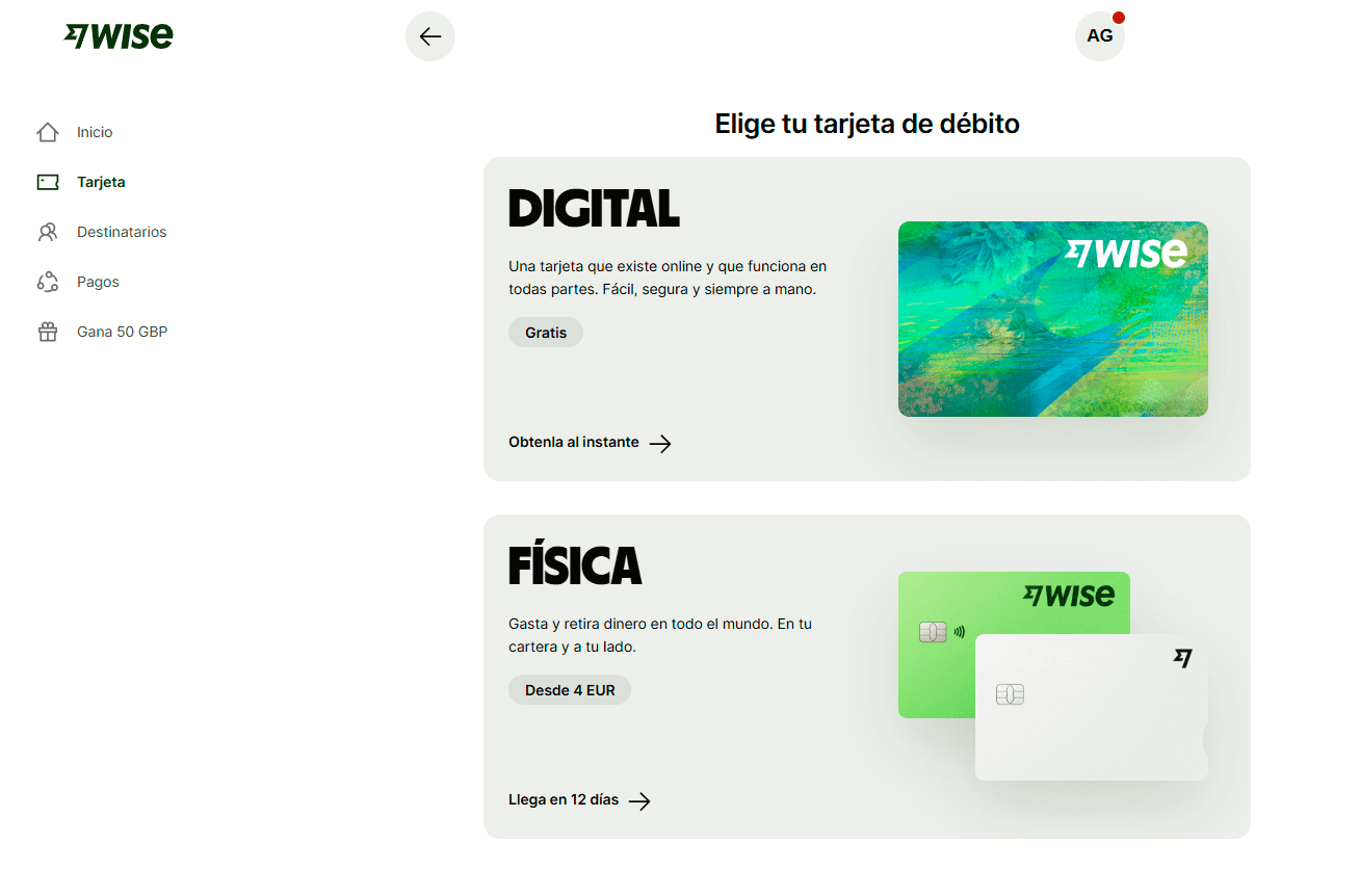 diseño de la plataforma wise para poder pedir la tarjeta de débito gratuita y que es perfecto para viajar y realizar pagos en cualquier moneda