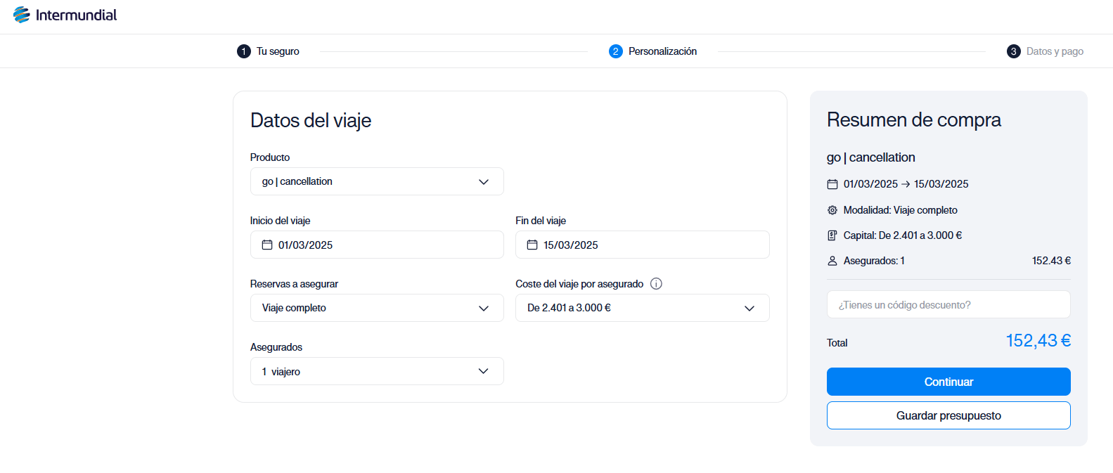 página web de Intermundial donde aparece la cotización de un seguro de cancelación de viaje