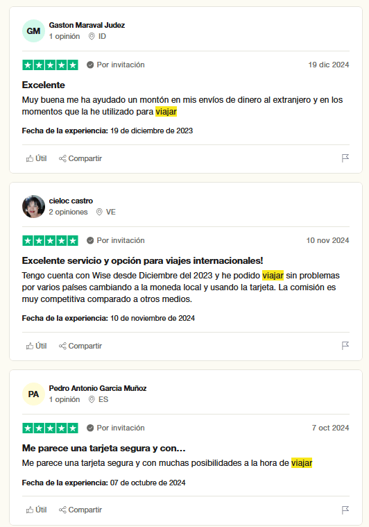 comentarios recientes de la tarjeta wise para viajar, todos son positivos y muestran las ventajas de utilizar este neobanco