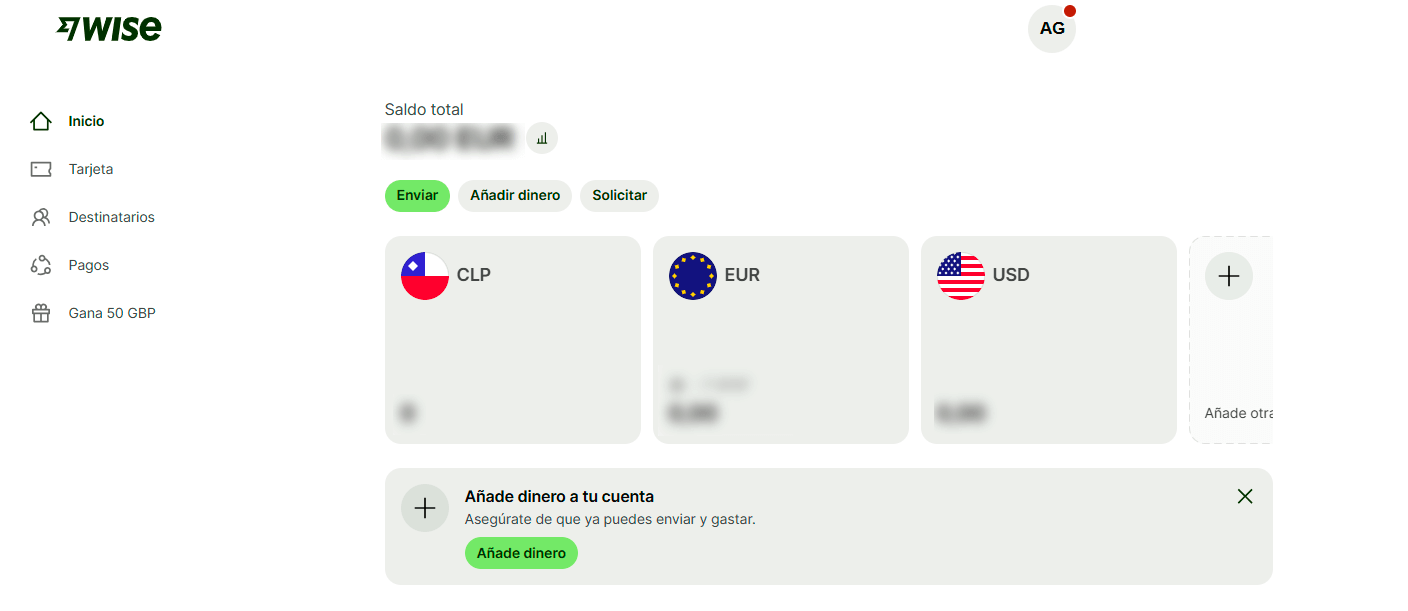 ejemplo de las diferentes cuentas o carteras que se pueden crear dentro de la aplicación de la tarjeta wise para viajar