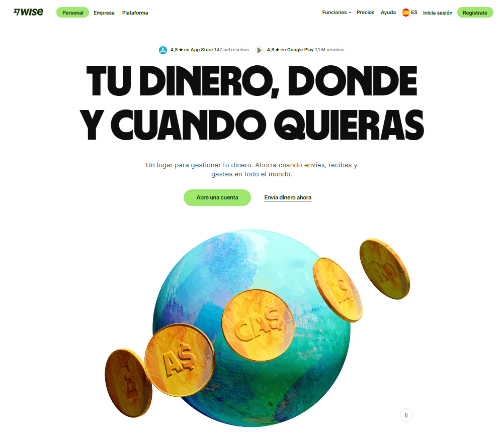 diseño la página principal para el registro de la tarjeta Wise para viajar, una portada minimalista y que muestra la modernidad de este neobanco