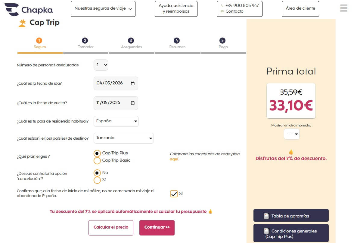 ejemplo proceso de compra con el código de descuento Chapka aplicado