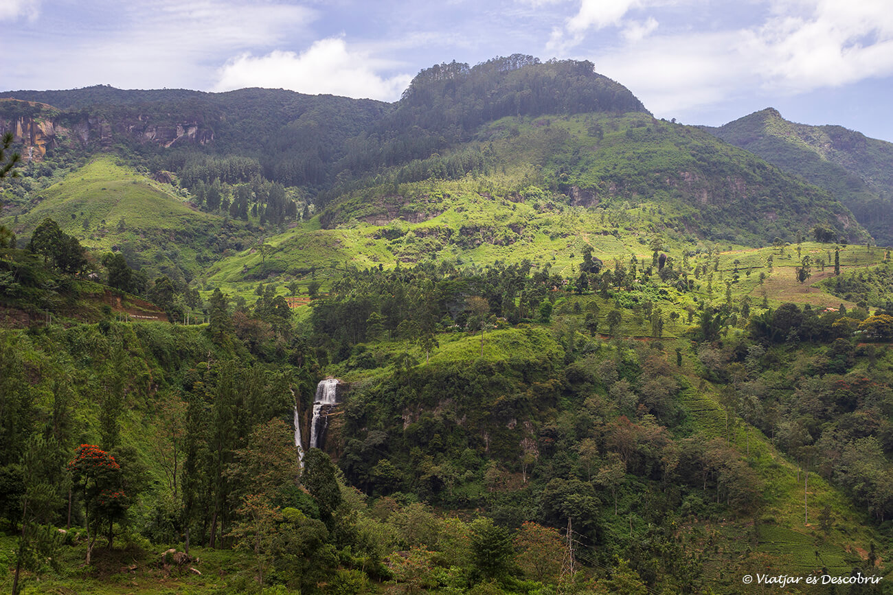 paisaje típico de las tierras altas de Sri Lanka con una cascada y mucha vegetación verde