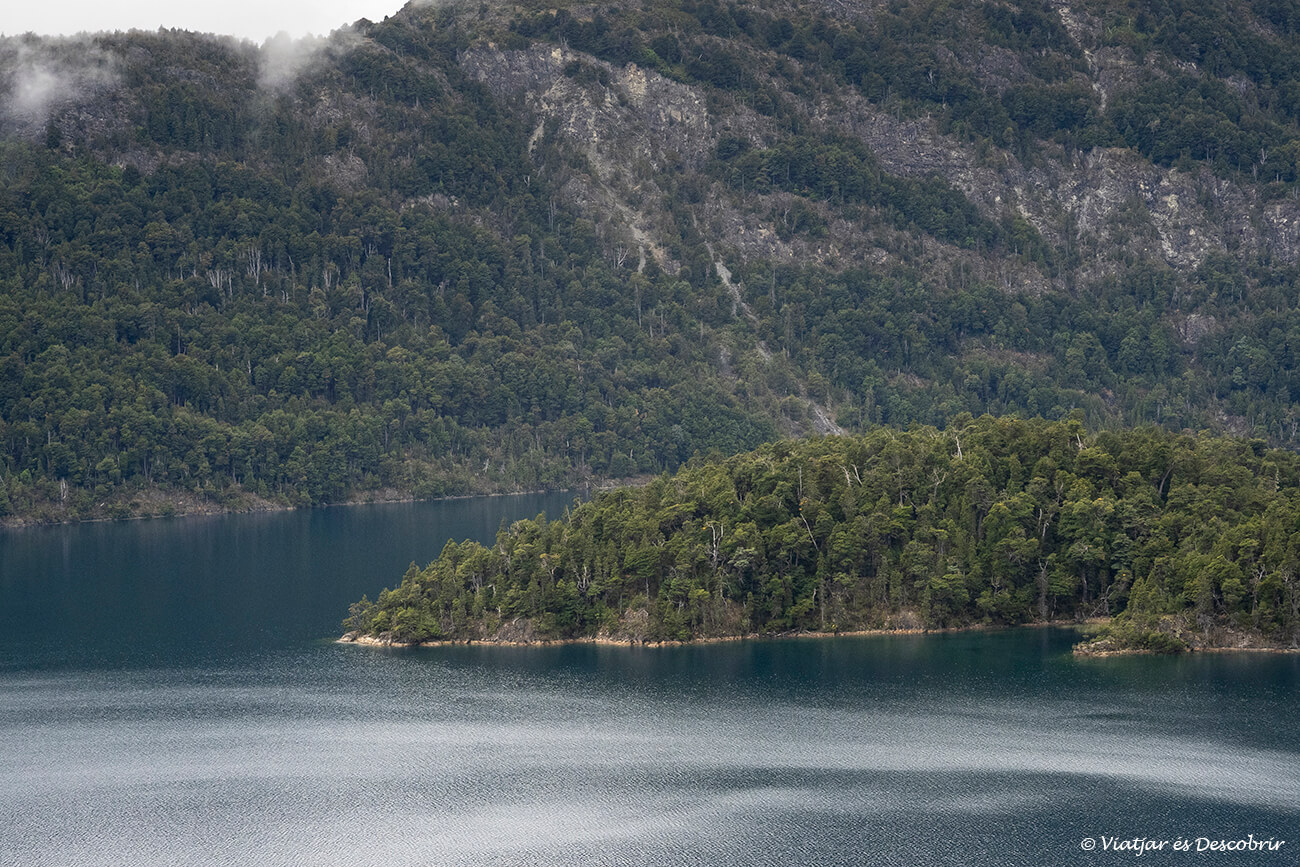 detalles de la isla de la Laguna Mascardi durante el trayecto en coche hacia Pampa Linda y el Cerro Tronador en Bariloche