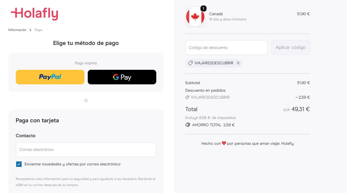 ejemplo de compra con descuento antes de comprar una eSIM en Holafly