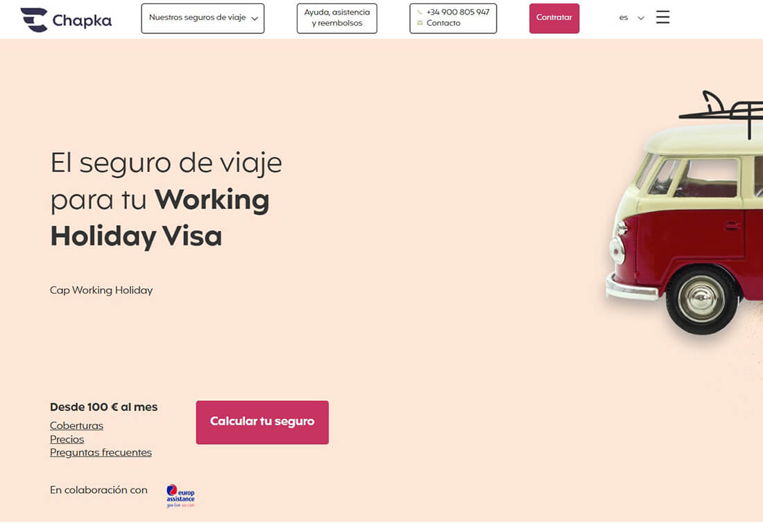 pantalla inicial para contratar el seguro Chapka Working Holiday antes del viaje