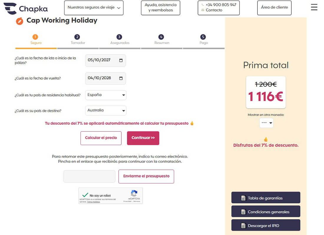 ejemplo de presupuesto de un seguro Chapka Working Holiday de un año de duración con un precio de 1.116 euros con el descuento aplicado