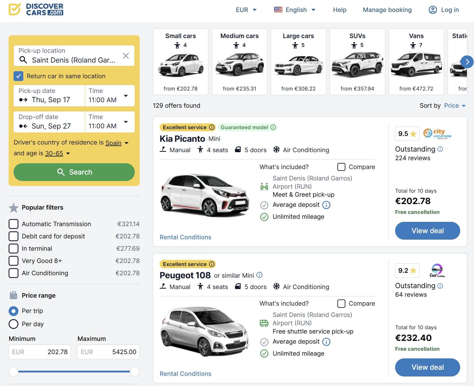 comparativa de los coches de alquiler y precios en la isla Reunión a través de un comparador