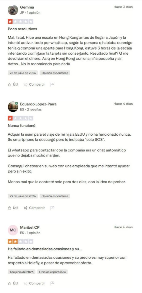 opiniones negativas de eSimFLAG comentando una mala atención al cliente y cobertura inestable o lenta