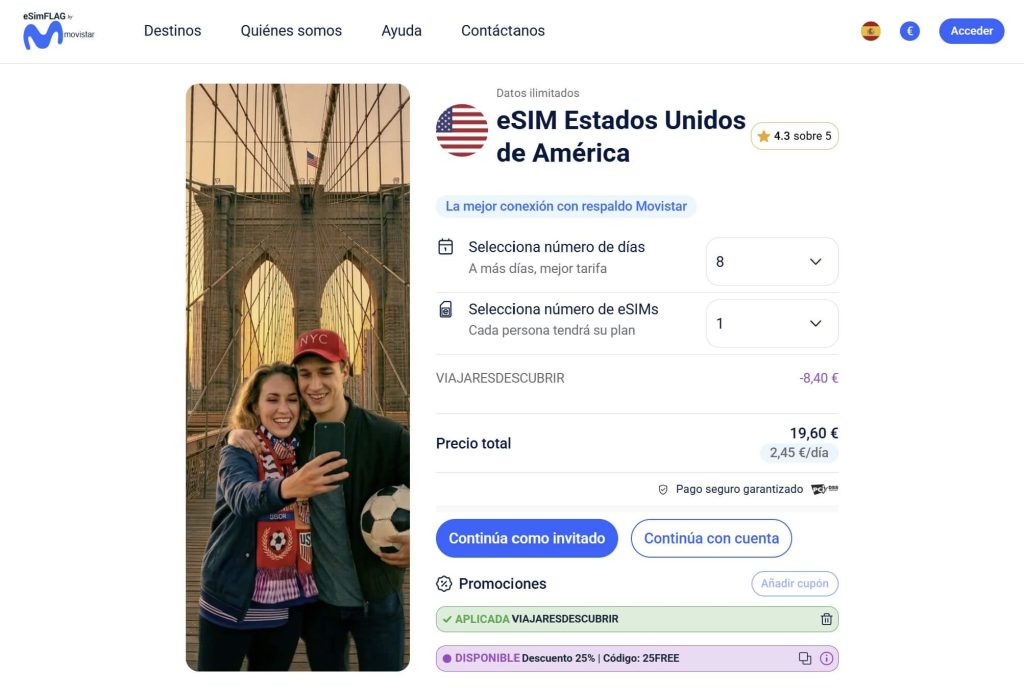 primera parte de los pasos para contratar una eSIM con eSimFLAG en el que hay que seleccionar el destino y el número de días para así poder ver el precio del producto