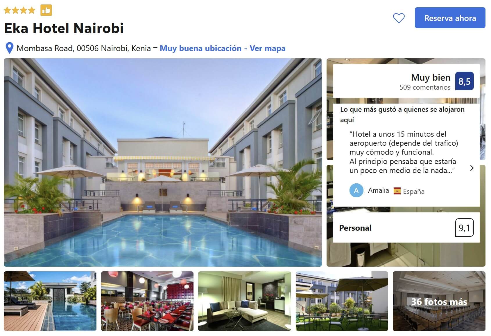 recibidor y habitaciones del hotel Eka en la capital de Kenia