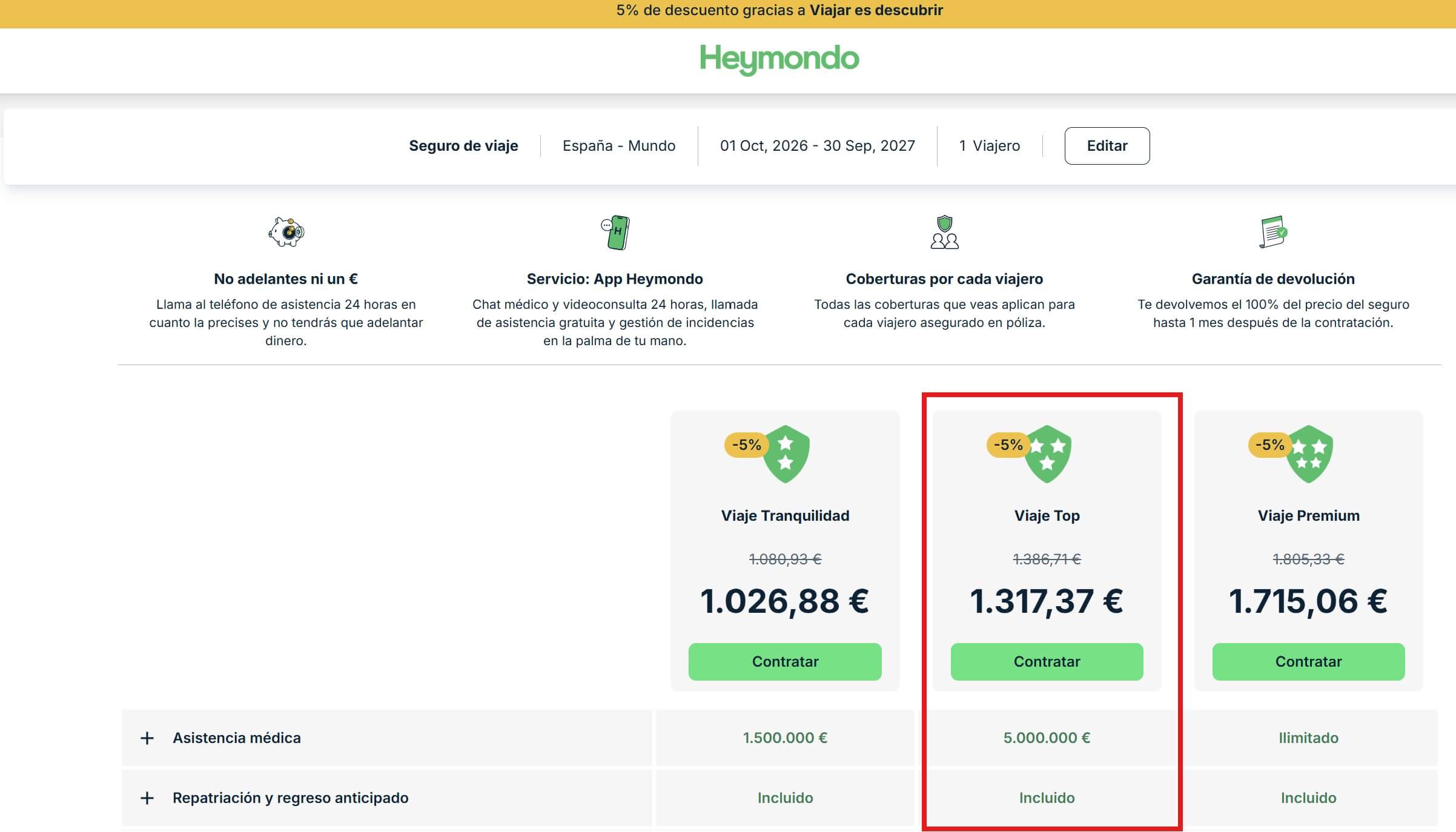 comparativa precios de los seguros de Heymondo para un año en Canadá