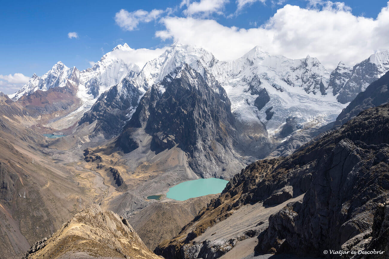 hacer un trekking en Perú en septiembre es una gran idea para poder presenciar vistas tan espectaculares como esta panorámica desde el Paso San Antonio en el Huayhuash